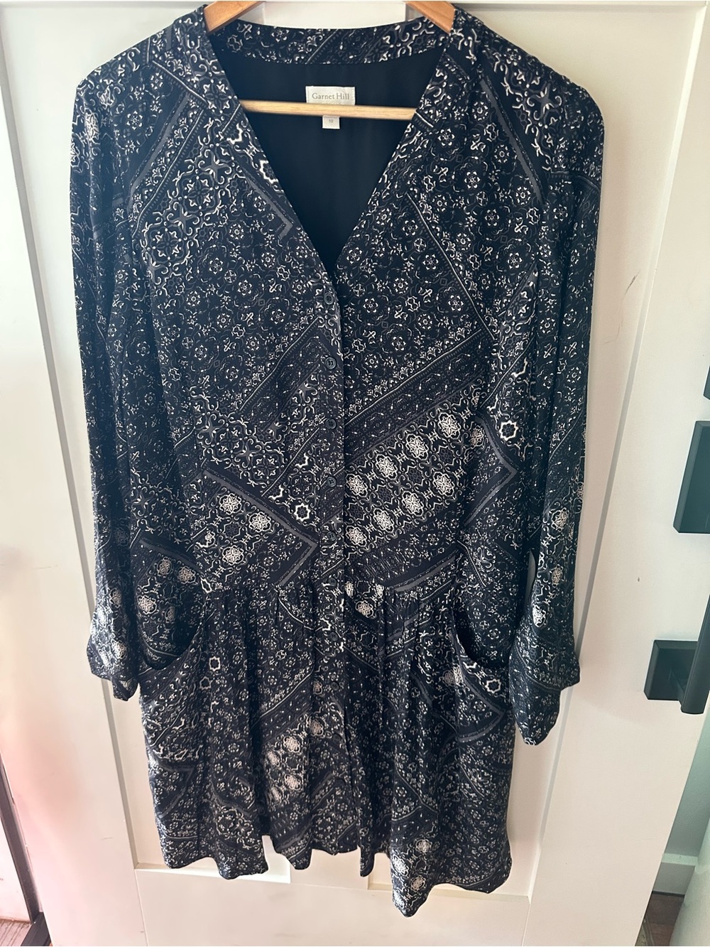 Garnet Hill Black and White Printed Long-Sleeve Dress